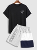 Heart Pattern 100% Cotton T-shirt And ALASKA Colorblock Sweat Shorts Two Piece Set Black