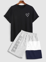 Heart Pattern 100% Cotton T-shirt And ALASKA Colorblock Sweat Shorts Two Piece Set Black