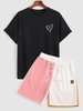 Heart Pattern Short Sleeves Cotton Tee With Colorblock Sweat Shorts Black