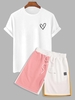 Heart Pattern Short Sleeves Cotton Tee With Colorblock Sweat Shorts White