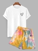 Heart Pattern Short Sleeves Tee and Tie-dye Shorts Set White