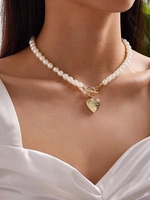 Heart Pendant Faux Pearl Necklace