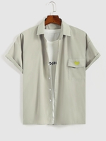 Heart Print Flap Pocket Short Sleeve Shirt L Army green