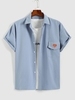 Heart Print Flap Pocket Short Sleeve Shirt M Blue
