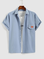 Heart Print Flap Pocket Short Sleeve Shirt M Blue