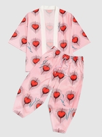 Heart Print Kimono Cardigan Shirt And Cropped Pants Set 2xl Flamingo pink
