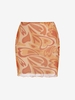 Heart Print Mesh Overlay Picot Trim Bodycon Skirt M Orange