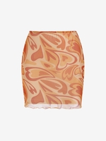Heart Print Mesh Overlay Picot Trim Bodycon Skirt M Orange