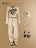 Heart Print V Notched Slit Cuff Crop T Shirt with Cargo Parachute Pants Set Light coffee