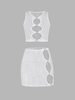 Heart Rhinestones Sheer Mesh Oval Cutout Two Piece Dress L White