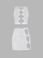 Heart Rhinestones Sheer Mesh Oval Cutout Two Piece Dress L White