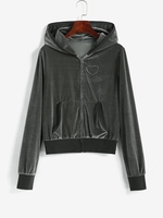 Heart Rhinestones Velvet Zip Up Pockets Jacket S Gray