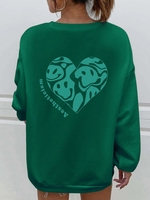 Heart Smiling Face Print Pullover Sweatshirt Xl Deep green