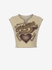 Heart Wing Angle Print Slit V Notched Crop Ringer T Shirt L Light coffee
