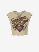 Heart Wing Angle Print Slit V Notched Crop Ringer T Shirt L Light coffee