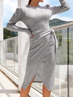 Heathered Ribbed Tie Waist Puff Sleeve Knit Dress S Light gray