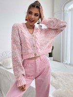 Heathered Textured Knit Cropped Cardigan M Light pink