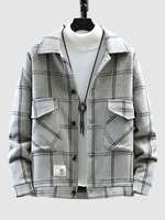 Herringbone Pattern Cargo Pockets Plaid Jacket L Gray