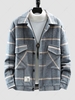 Herringbone Pattern Cargo Pockets Plaid Jacket L Light blue