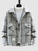 Herringbone Pattern Cargo Pockets Plaid Jacket M Gray