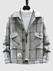 Herringbone Pattern Cargo Pockets Plaid Jacket S Gray