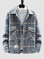Herringbone Pattern Cargo Pockets Plaid Jacket S Light blue