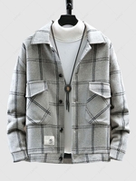 Herringbone Pattern Cargo Pockets Plaid Jacket Xs Gray