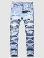 Hidden Zipper Ripped Light Wash Jeans 40 Light blue