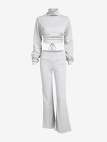 High Collar Tie Back Flare Pants Set M Light gray
