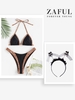 High Cut Cheeky Animal Panel Bikini Swimwear with Halloween Costume Skull Faux Fur Headband Black