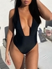 High Cut Plunge Neck Swimsuit M Black
