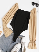 High Cut Poet Sleeve Combo Bodysuit S Black