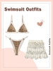 High Cut Ribbed Contrast Binding Bikini Swimwear with Scalloped Edge Crochet Skirt Light coffee