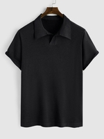 High Elastic Solid Color Knitted Polo T-shirt M Black