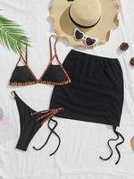 High Leg Bikini Swimwear and Ribbed Mini Skirt Set Black