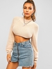 High Neck Fuzzy Detail Raglan Sleeve Crop Sweater L Light coffee