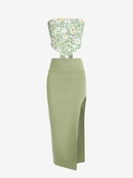 High Slit Skirt and Floral Print Scarf Top Set Light green
