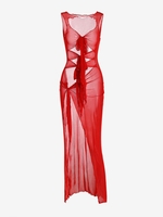 High Slit Solid Color Sleeveless See Through Dress M Red