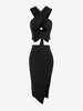 High Split Midi Skirt and Tie Back Wrap Crop Top Set Black