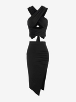 High Split Midi Skirt and Tie Back Wrap Crop Top Set Black