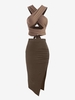 High Split Midi Skirt and Tie Back Wrap Crop Top Set Coffee