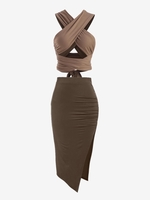 High Split Midi Skirt and Tie Back Wrap Crop Top Set Coffee
