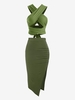 High Split Midi Skirt and Tie Back Wrap Crop Top Set Green