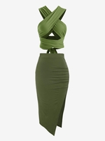 High Split Midi Skirt and Tie Back Wrap Crop Top Set Green