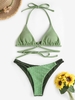 Honeycomb Textured O Ring Halter Floss Bikini Swimwear Green