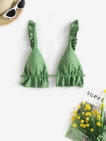 Honeycomb Textured Ruffle Bikini Top S Deep green