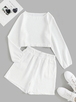 Honeycomb Textured Top and Belted Shorts Set S White