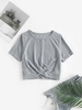 Honeycomb Textured Twisted Crop Sports T Shirt L Light gray