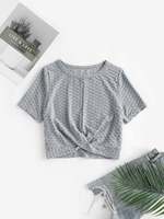 Honeycomb Textured Twisted Crop Sports T Shirt L Light gray