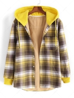 Hooded Button Up Plaid Print Pocket Flannel Fleece Jacket 2xl Yellow